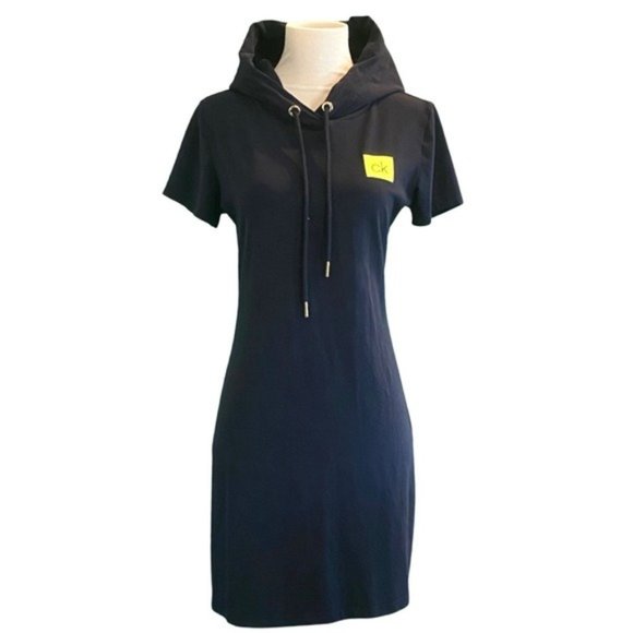 Calvin Klein Short Sleeve Hoodie Navy Blue Cotton Knit Logo T-Shirt Dress Size S - Picture 2 of 6
